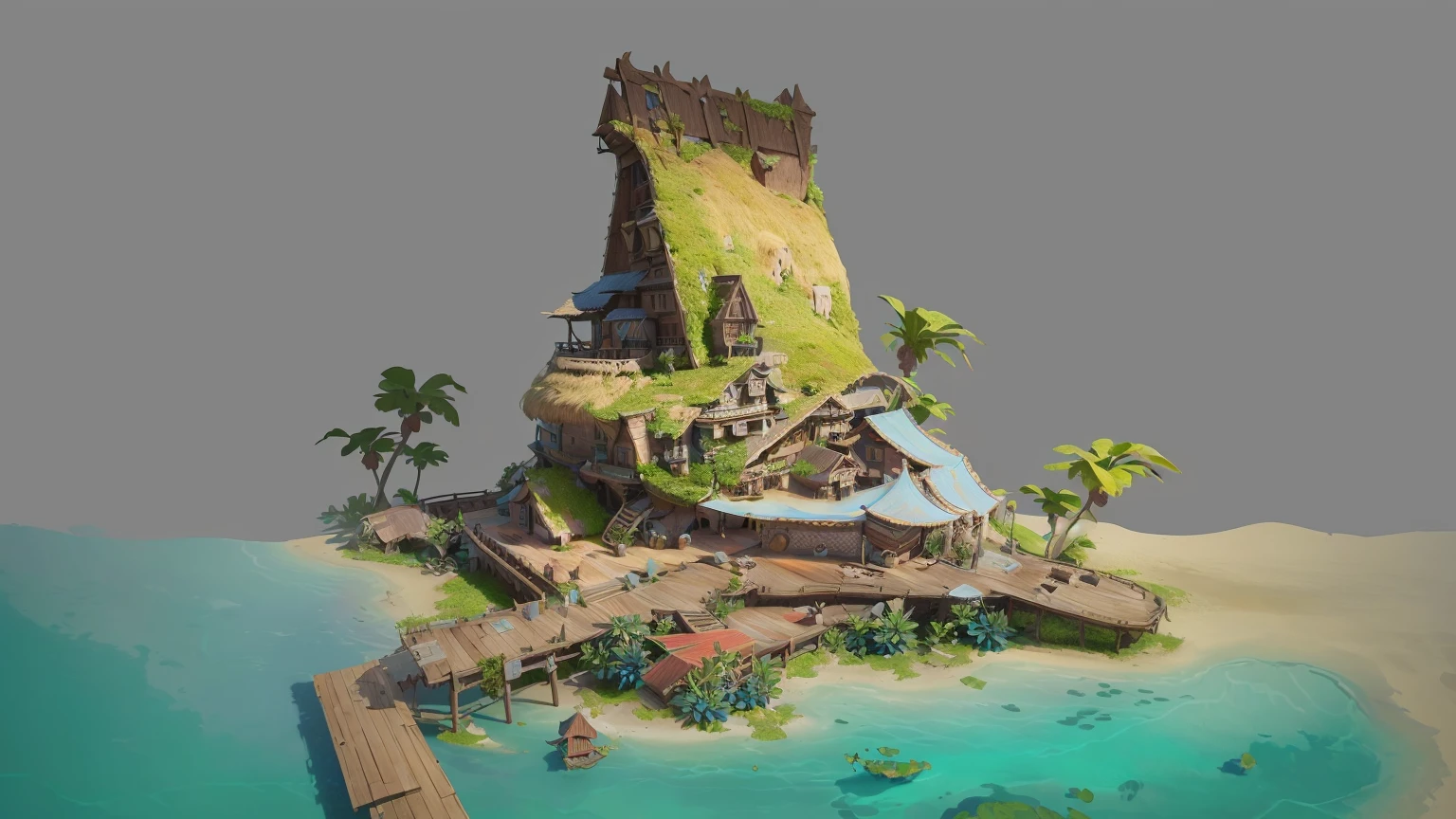 Isla Alafid con un puente de madera y una pequeña casa., Estilo de renderizado 3D, arte conceptual estilizado, Representado como arte conceptual del juego., El arte conceptual es muy detallado., Arte de renderizado 3D de Roland Zilvinsky, representación 3d estilizada, Creado por artistas ambientales senior., ilustración de diseño de entorno, estilo de arte conceptual, arte conceptual digital detallado, ilustración de arte conceptual