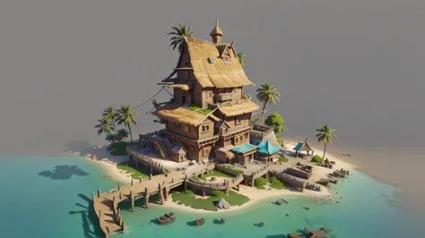 Alafid Island with a wooden bridge and a small house, 3D rendering style, stylized concept art, Depicted as game concept art, Co...