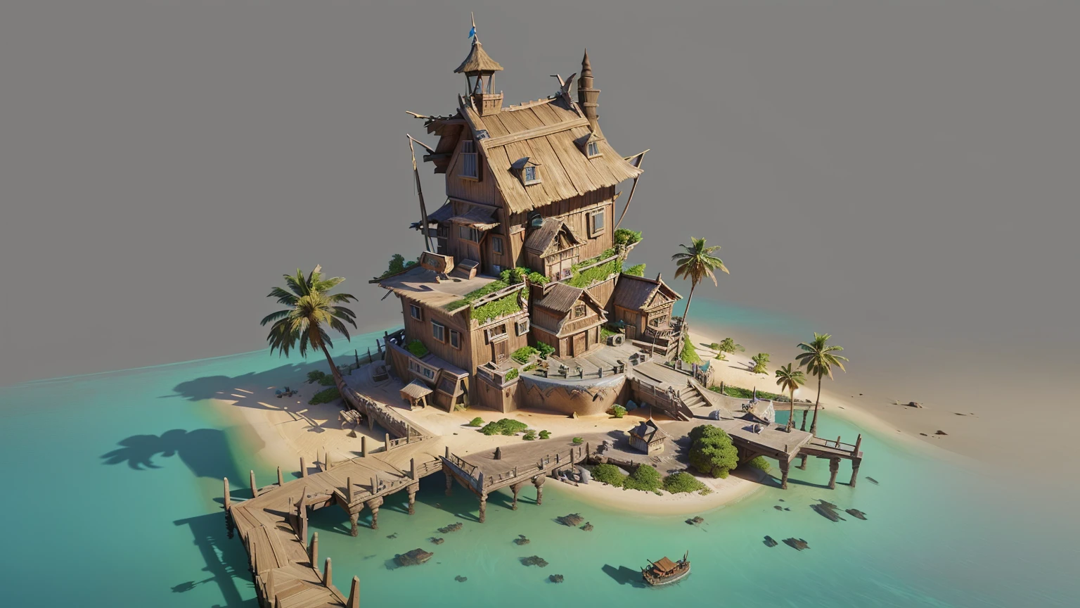 Alafid Island with a wooden bridge and a small house, 3D rendering style, stylized concept art, Depicted as game concept art, Concept art is very detailed, Roland Zilvinsky 3D Rendering Art, Stylized 3d rendering, Created by senior environment artists, environment design illustration, Concept art style, Detailed digital concept art, Concept Art Illustration