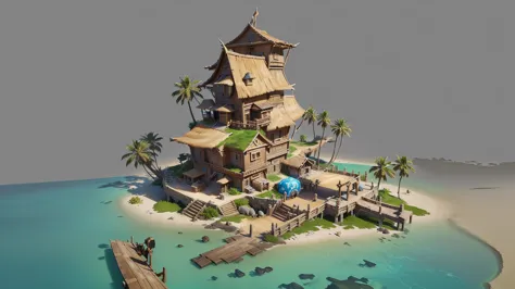 Alafid Island with a wooden bridge and a small house, 3D rendering style, stylized concept art, Depicted as game concept art, Co...