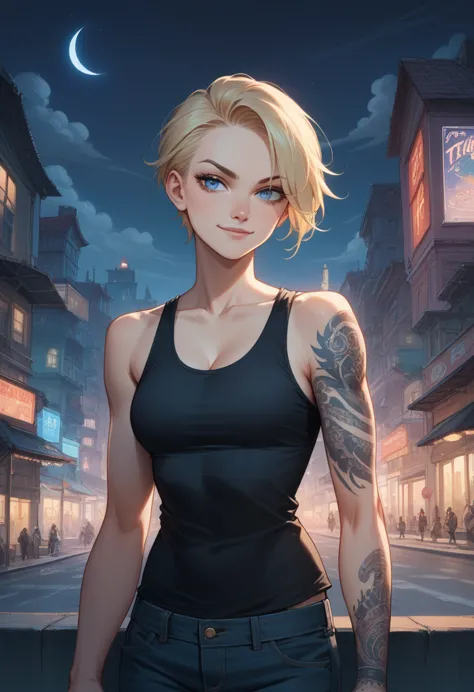 young girl short hair, blond hair, high faux hawk haircut, blue eyes, tattoed arm with thunders, black thunder tattoos, tank top...