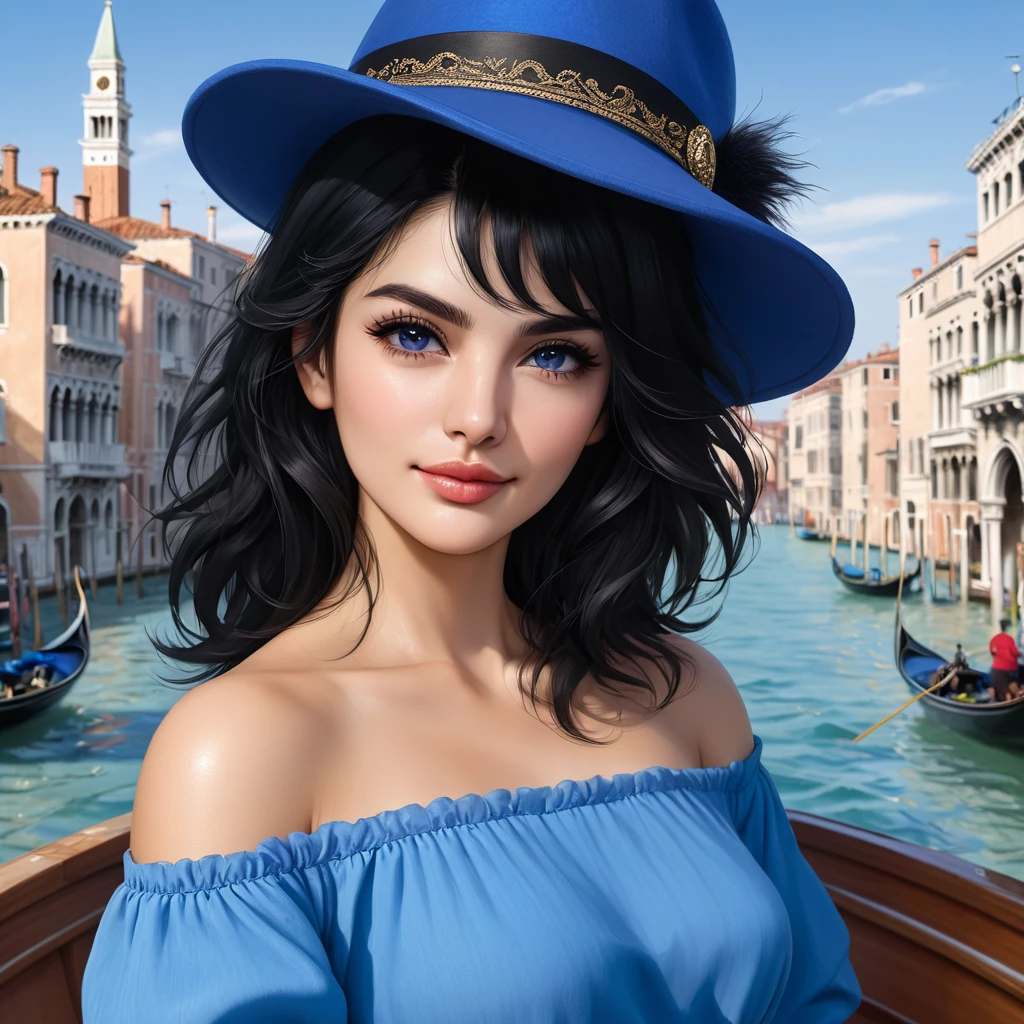 ультра детализированный шедевр, Итальянская женщина, черные волосы средней длины, черные глаза, пристальный и соблазнительный взгляд, застенчивая улыбка, небольшой пух усов, носит синюю шляпу, на лодке в Венеции