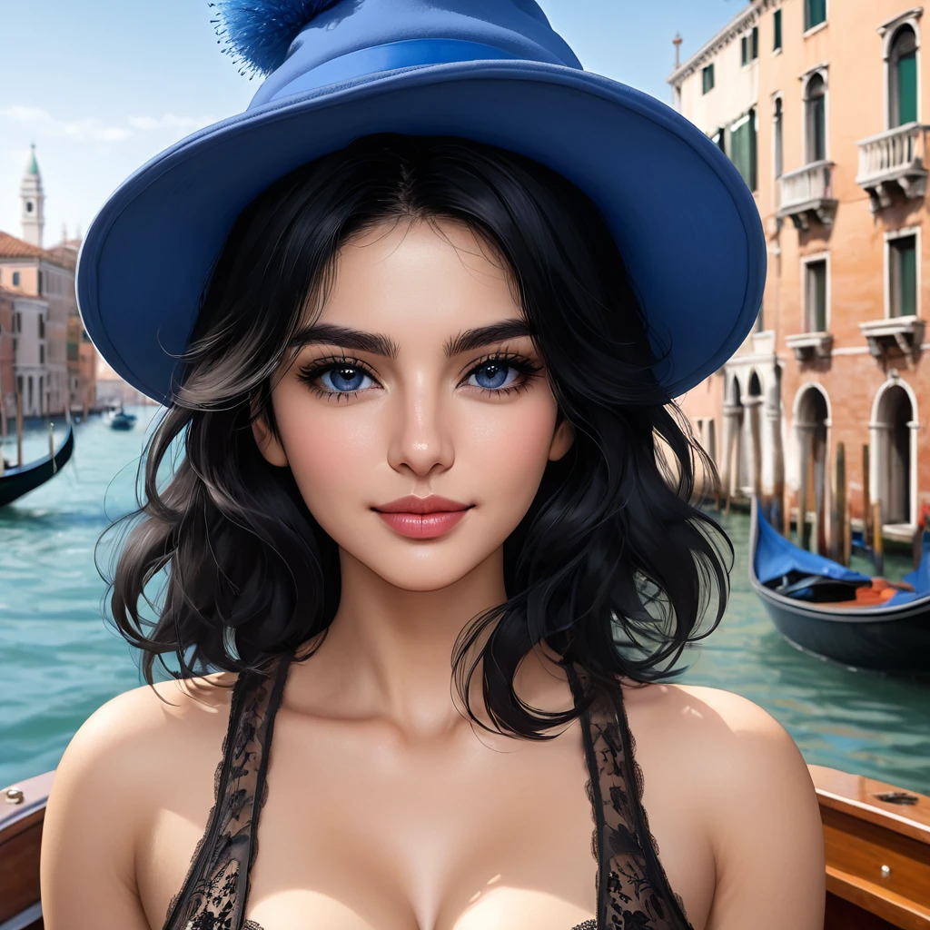 ultra detailed masterpiece, Italian woman, mid-length black hair, black eyes, intense and seductive gaze, shy smile, small fluff of mustache, wears a blue hat, on a boat in Venice