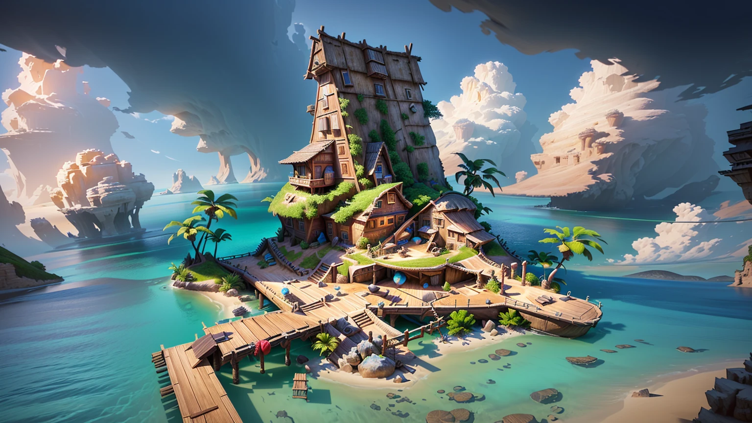 Alafid Island with a wooden bridge and a small house, 3D rendering style, stylized concept art, Depicted as game concept art, Concept art is very detailed, Roland Zilvinsky 3D Rendering Art, Stylized 3d rendering, Created by senior environment artists, environment design illustration, Concept art style, Detailed digital concept art, Concept Art Illustration