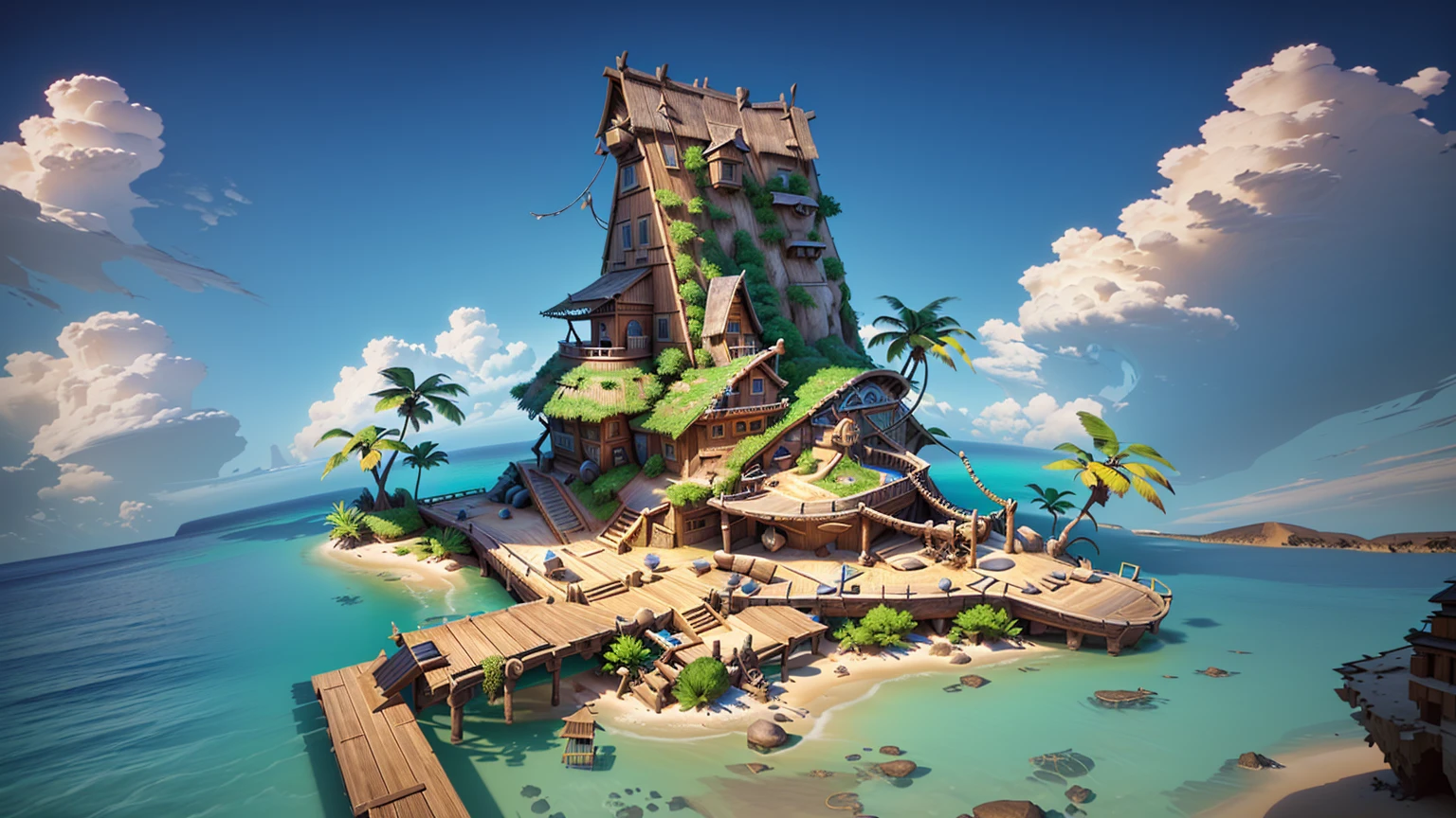 Alafid Island with a wooden bridge and a small house, 3D rendering style, stylized concept art, Depicted as game concept art, Concept art is very detailed, Roland Zilvinsky 3D Rendering Art, Stylized 3d rendering, Created by senior environment artists, environment design illustration, Concept art style, Detailed digital concept art, Concept Art Illustration