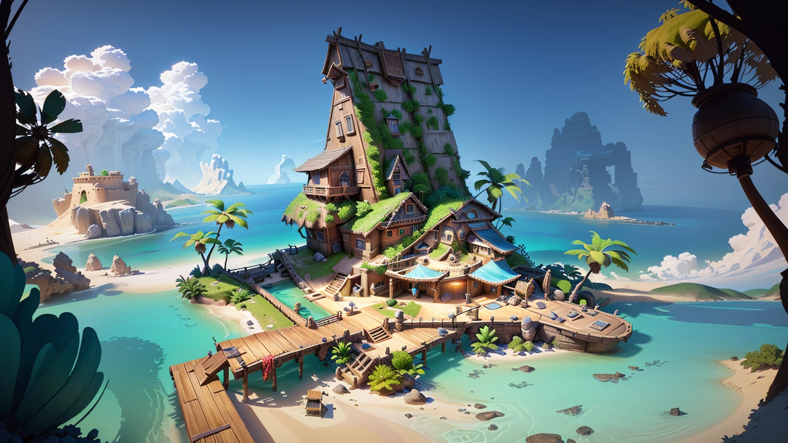 Alafid Island with a wooden bridge and a small house, 3D rendering style, stylized concept art, Depicted as game concept art, Concept art is very detailed, Roland Zilvinsky 3D Rendering Art, Stylized 3d rendering, Created by senior environment artists, environment design illustration, Concept art style, Detailed digital concept art, Concept Art Illustration