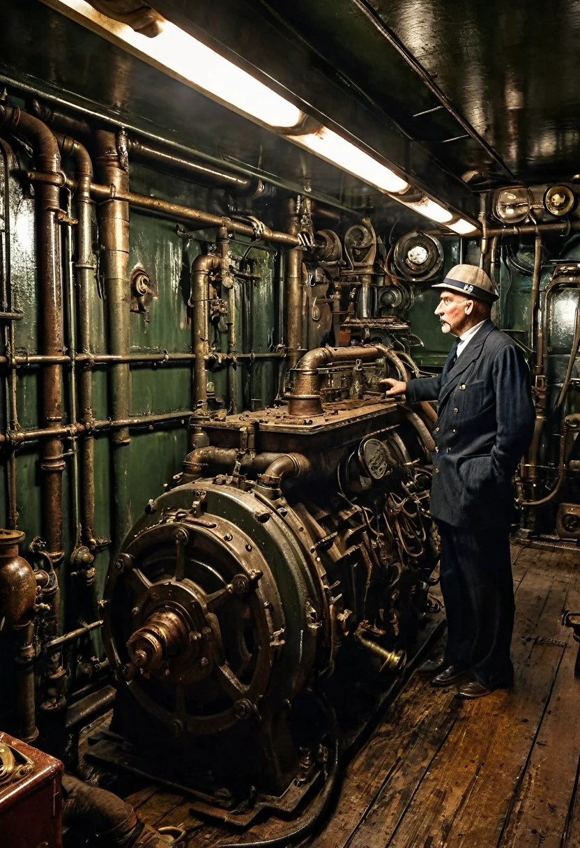 (((Portrait of an early 20th century English worker in the engine room of an ocean liner))), grasa, and rough face stained with soot, detalles fotorrealistas, ((complex engine room machinery background)), pistones, and pipes, harsh lighting, ((un trabajador obrero con un mono)), realismCinematic representation of the gritty interior of the maritime engine room, Dark tones with dramatic lights and shadows., Vista frontal del fogonero canoso con ropa sucia manchada de aceite, Face wrinkled from the tension and dirt of exhausting work., photorealism, 1910s industrial setting solemn and somber atmosphere., intricate period clothing and architectural details, cinematographic compositionPhotorealistic rendering, RMS Titanic atracado en los muelles de Southampton antes de su viaje inaugural, 1912, damas de la clase alta con sombreros ornamentados y estolas de piel con caballeros con frac de noche y sombreros de copa, atmospheric fog and dim lighting from the pier lamps, personas llevando equipaje, excited but gloomy mood, incredible detail