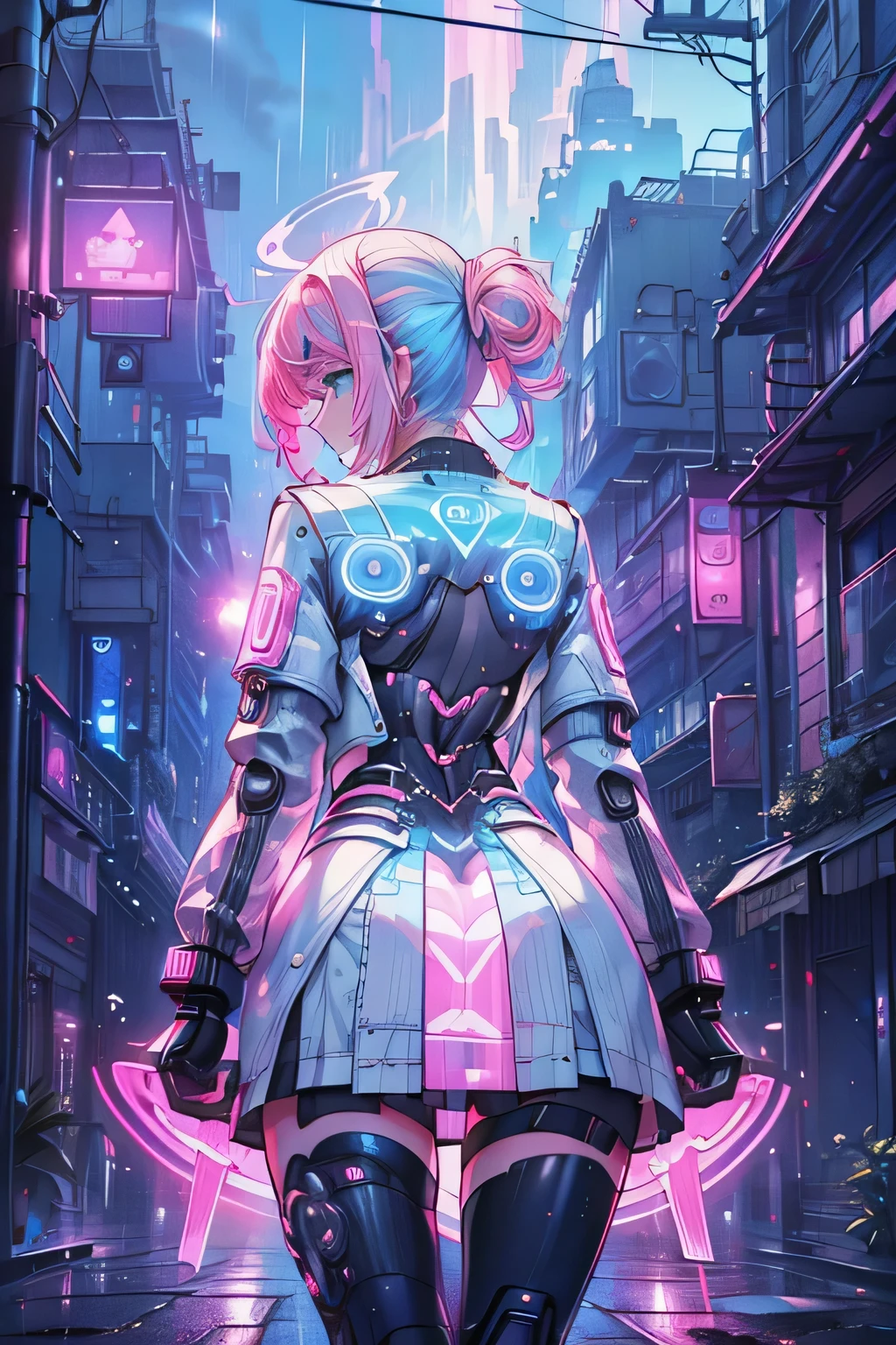 Masterpiece, ultra detailed, beautiful,Super Saturation, Neon Street,1 girl,(Back view:1.7), street, night, rain, colorful, looking back, pink hair, white jacket,From a distance:1.4, cyber punk,vivid,Light blue,magic,magic circle,