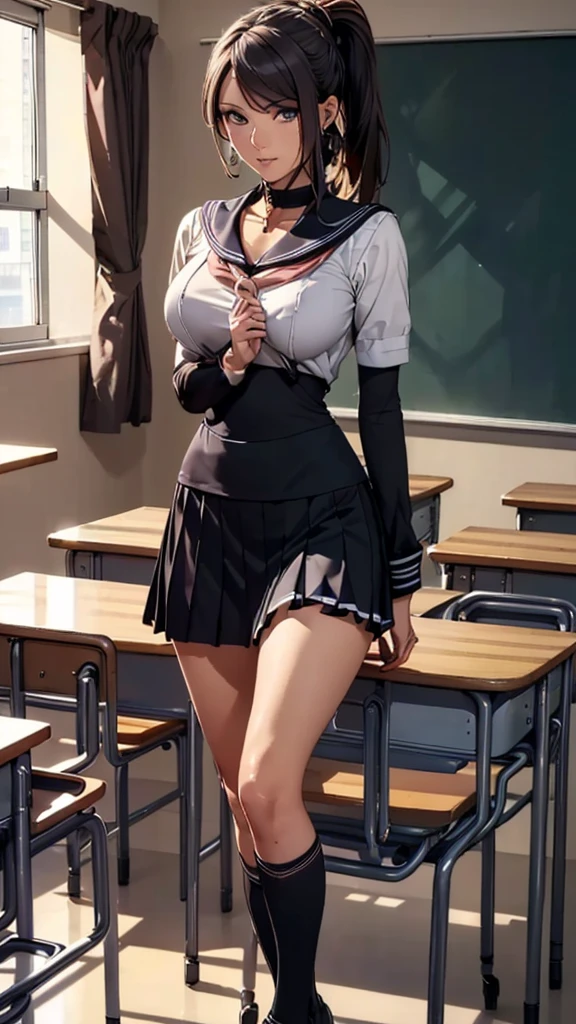(((highest quality, High resolution, , Pixel Perfect, 4K))),((Correct Anatomy))、((Sailor suit))、(((School classroom))), ((highest quality)), ((Complex and detailed)), ((Black knee-high socks)), ((Mini Pleated Skirt))、An absurd solution, Mature Woman, Mature Woman, perspective, Very detailed,(((Full Body Shot)))、Great style、(Long Hair)、glamorous、Sailor suit、mini skirt、black tights、(((The whole body is visible))), One Woman, ((ponytail)), Perfect hands, Detailed fingers, Beautiful details,  Black choker, Earrings, Black Stockings, Perfect Eyes, Seductive eyes