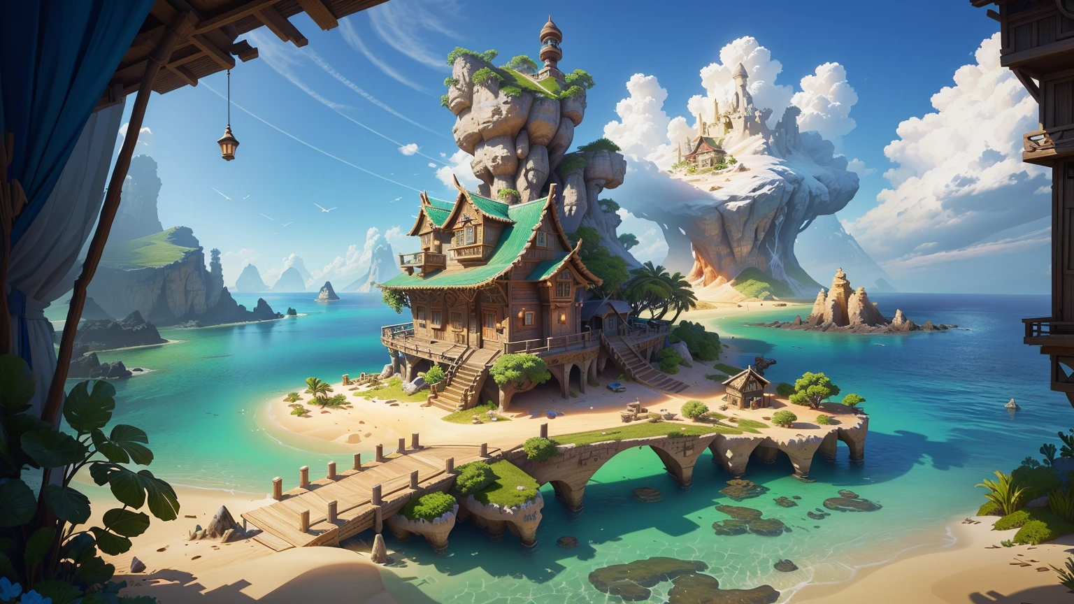 Alafid Island with a wooden bridge and a small house, 3D rendering style, stylized concept art, Depicted as game concept art, Concept art is very detailed, Roland Zilvinsky 3D Rendering Art, Stylized 3d rendering, Created by senior environment artists, environment design illustration, Concept art style, Detailed digital concept art, Concept Art Illustration