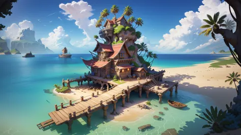 Alafid Island with a wooden bridge and a small house, 3D rendering style, stylized concept art, Depicted as game concept art, Co...