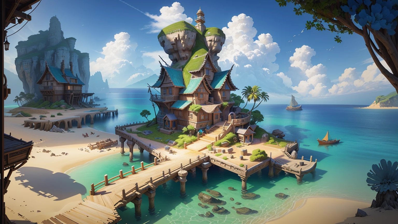 Alafid Island with a wooden bridge and a small house, 3D rendering style, stylized concept art, Depicted as game concept art, Concept art is very detailed, Roland Zilvinsky 3D Rendering Art, Stylized 3d rendering, Created by senior environment artists, environment design illustration, Concept art style, Detailed digital concept art, Concept Art Illustration