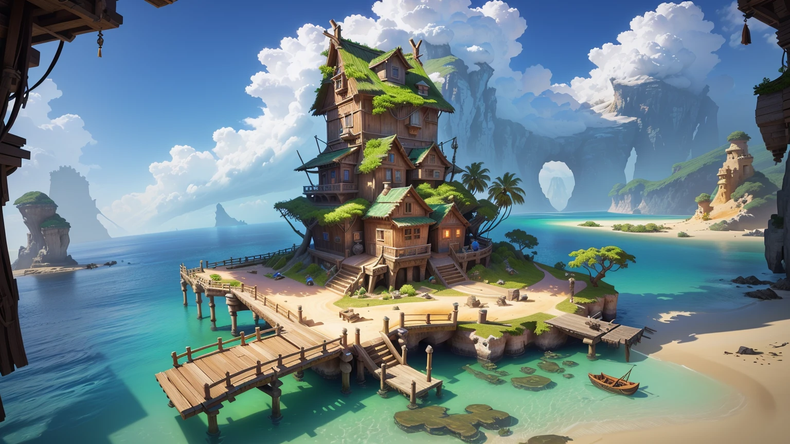 Alafid Island with a wooden bridge and a small house, 3D rendering style, stylized concept art, Depicted as game concept art, Concept art is very detailed, Roland Zilvinsky 3D Rendering Art, Stylized 3d rendering, Created by senior environment artists, environment design illustration, Concept art style, Detailed digital concept art, Concept Art Illustration