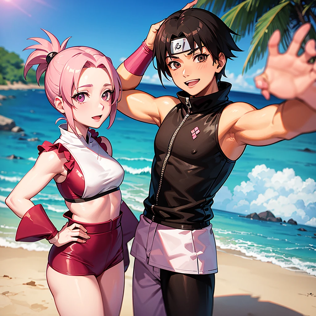 Sakura from Naruto on a beach taking a selfie with his husband - SeaArt AI