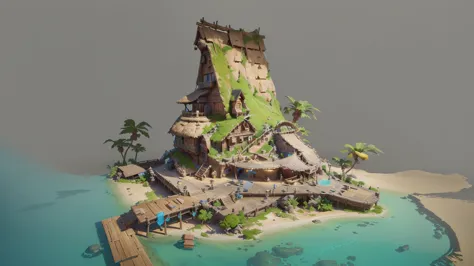 Alafid Island with a wooden bridge and a small house, 3D rendering style, stylized concept art, Depicted as game concept art, Co...
