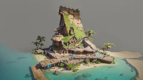 alafid island with a wooden bridge and a small house, 3d rendering style, stylized concept art, depicted as game concept art, co...