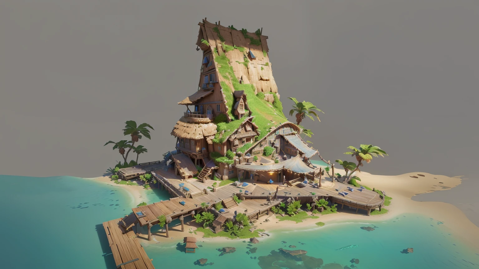 Alafid Island mit einer Holzbrücke und einem kleinen Haus, 3D-Rendering-Stil, stilisierte Konzeptkunst, Dargestellt als Spielkonzeptkunst, Die Konzeptkunst ist sehr detailliert, Roland Zilvinsky 3D-Rendering-Kunst, stilisiertes 3D-Rendering, Erstellt von erfahrenen Environment Artists, Umwelt-Design-Abbildung, Konzeptkunststil, detaillierte digitale Konzeptkunst, Konzeptkunstillustration