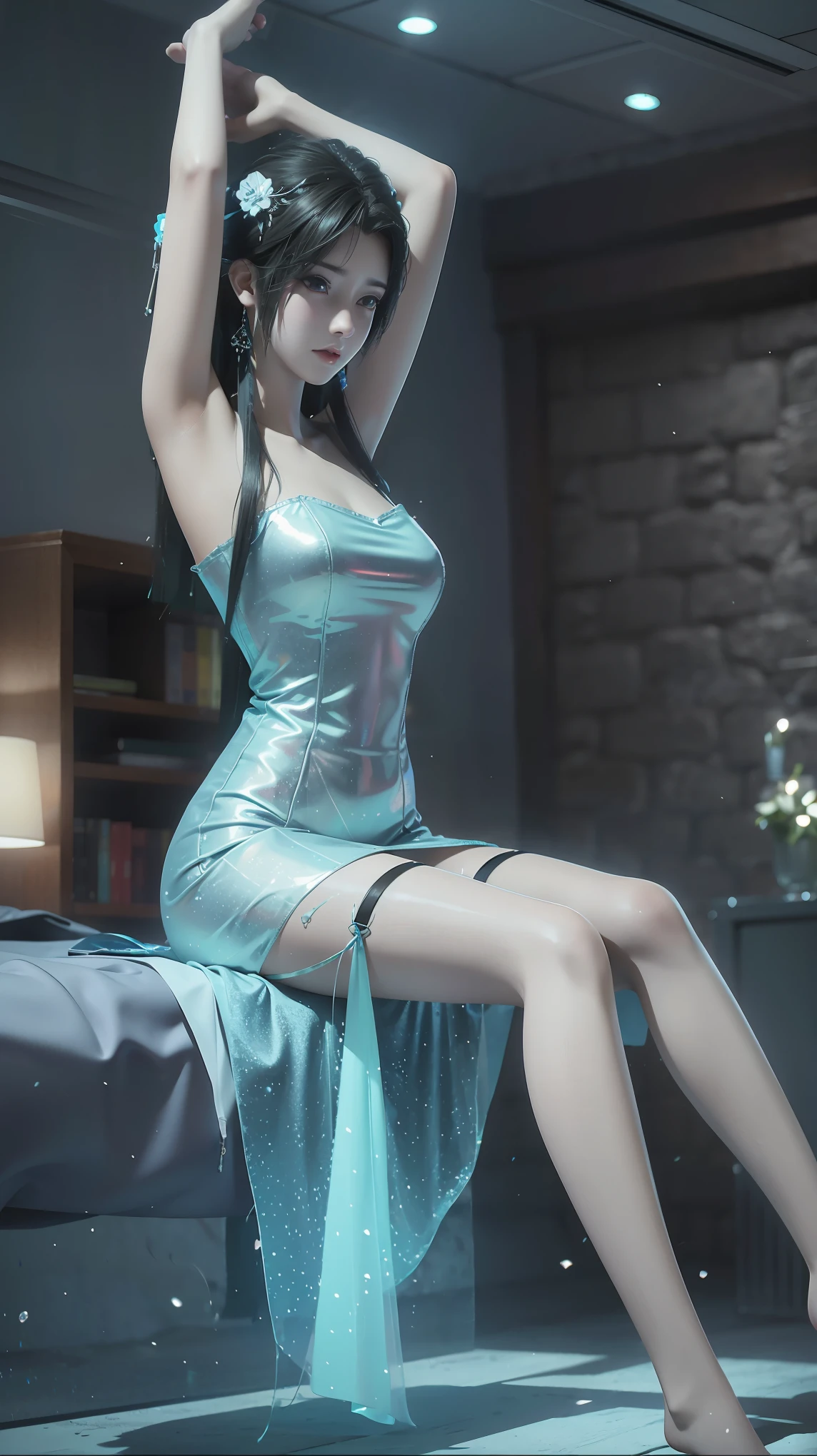 (((1 girl)),Ray tracing,(Dim Lights),[Detailed background (bedroom)),((Slim Girl))) Starry sky background，((((Girls wear dresses, With transparent stockings), Show off your exquisite figure and graceful curves, correct limbs, Sitting on the bed，Put your hands behind your head, Put your hands behind your head