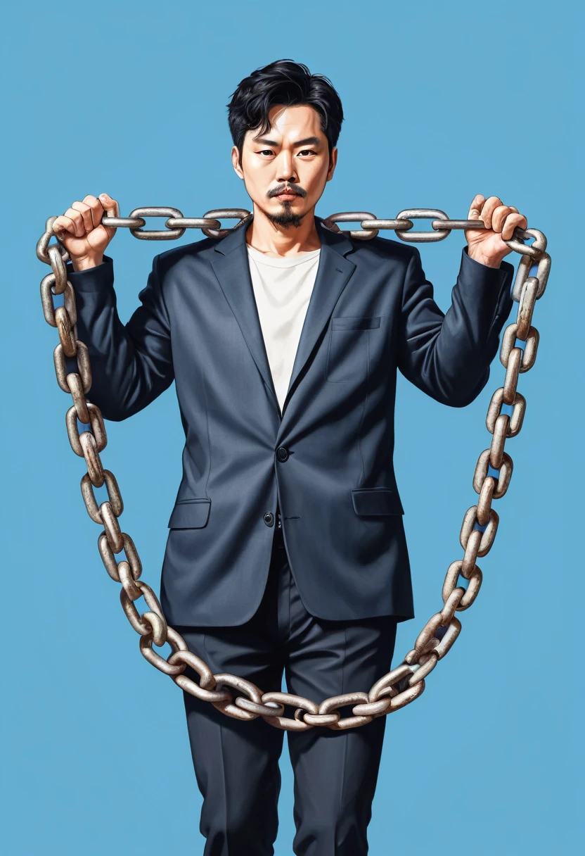 a man holding a large chain with a link attached to it, an illustration of by jeonseok lee, trending on pixabay, neo-dada, large chain, dragging a pile of chains, chain, chains, the the man is wrapped in chains, wearing a chain, ((chains)), simple illustration, wearing chains, interlocked, blockchain, with a blue background