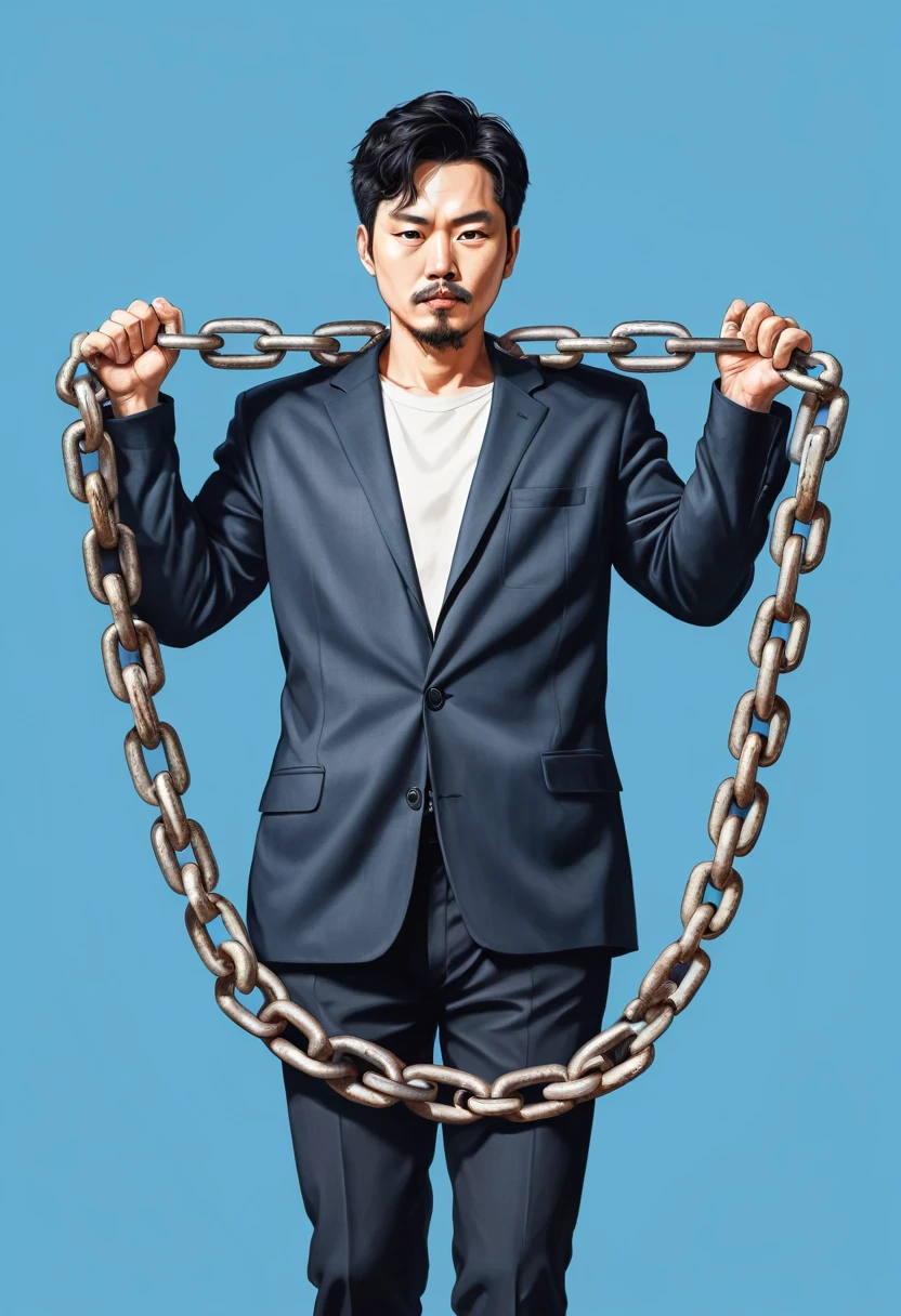 a man holding a large سلسلة with a link attached to it, رسم توضيحي لـ jeonseok lee, رائجة على بيكساباي, دادا الجديدة, large سلسلة, dragging a pile of سلسلةs, سلسلة, سلسلةs, the the man is wrapped in سلسلةs, wearing a سلسلة, ((سلسلةs)), رسم توضيحي بسيط, wearing سلسلةs, متشابكة, blockسلسلة, مع خلفية زرقاء