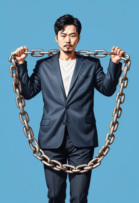 a man holding a large chain with a link attached to it, an illustration of by jeonseok lee, trending on pixabay, neo-dada, large...
