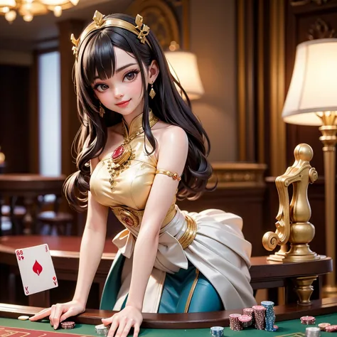 one girl, luxurious casino, elegant, opulent, card table, rich people, people playing cards in background, croupier, customer se...
