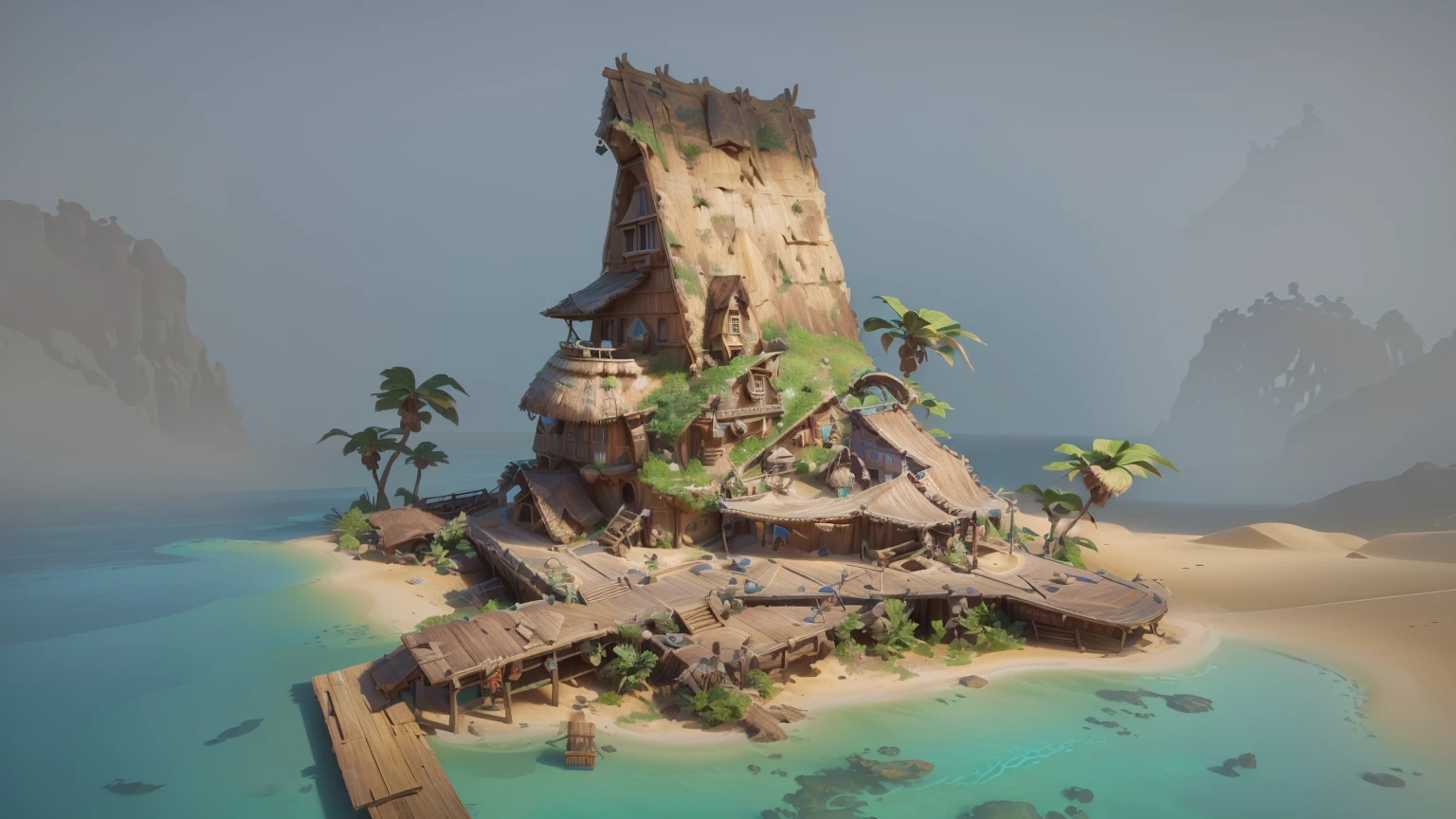 Alafid Island with a wooden bridge and a small house, 3D rendering style, stylized concept art, Depicted as game concept art, Concept art is very detailed, Roland Zilvinsky 3D Rendering Art, Stylized 3d rendering, Created by senior environment artists, environment design illustration, Concept art style, Detailed digital concept art, Concept Art Illustration