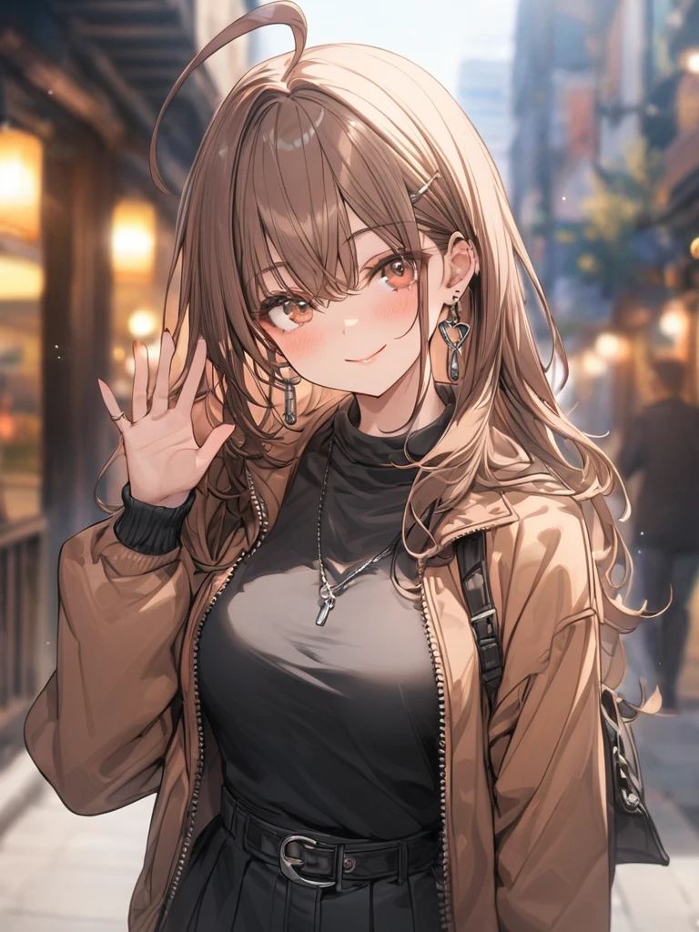 ((masterpiece, best quality)), very aesthetic, absurdres, One girl, Ahoge, bangs, black skirt, black sweater, Blurred, Blurred background, chest, Brown eyes, Brown Hair, brown Jacket, Mouth closed, Day, Depth of written boundary, Earrings, eyelash, Raise your hand, Tilt your head, Jacket, jewelry, Long Hair, Long sleeve, View Viewer, medium chest, Manicure, Open clothes, open Jacket, Outdoor, Pursed lips, Tucked in shirt, Side Lock, skirt, Sleeves are longer than the wrist, alone, sweater, Upper Body, zipper, smile,