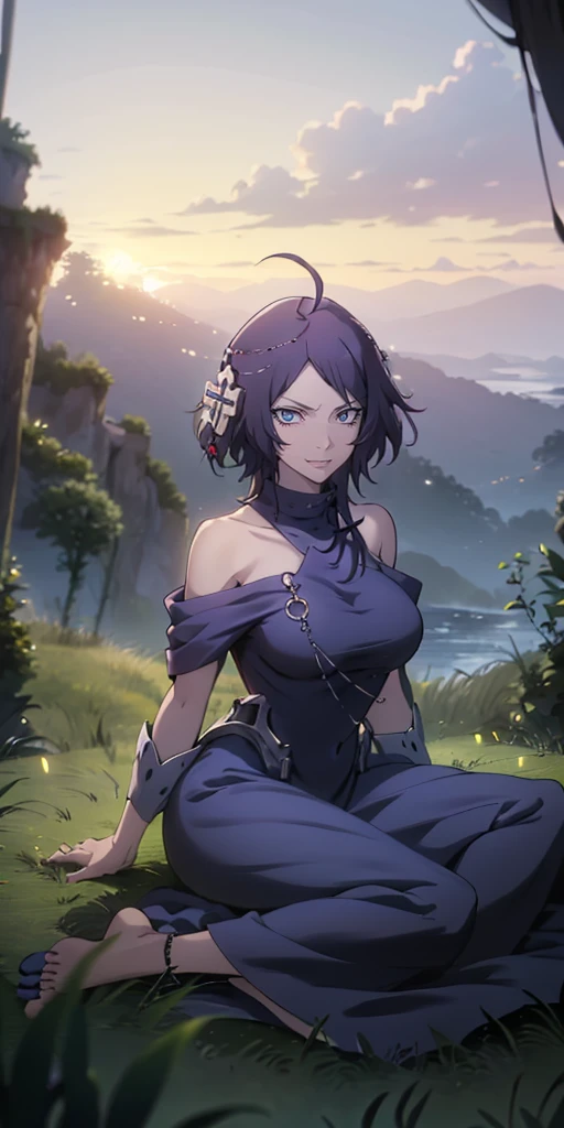 MC, ahoge, (long hari, purple hair:1.3), hair ornament, dark-blue eyes, breasts, epic art, fantasy, 1girl, grass, solo, barefoot, sitting, breasts, mountain, sunset, dress, bare_shoulders, outdoors, looking_at_viewer, off_shoulder, field, sky, lake, collarbone, mountainous_horizon, indian_style, twilight, tree, black_dress, large_breasts, scenery, medium_breasts, feet, off-shoulder_dress, (bokeh:1.3), rock, hollow eyes, bright pupils, dark-blue eyes, looking at viewer. (glowing eyes:1.3), heavy breathing, smirk, upper teeth,
