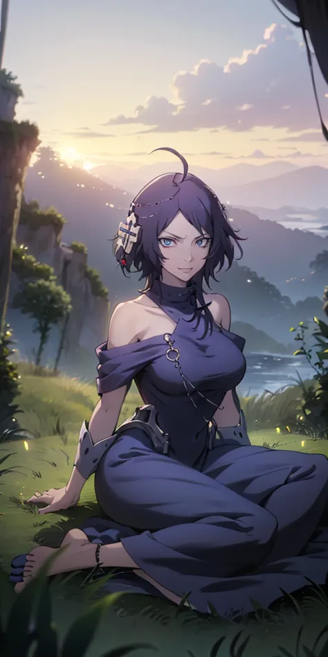 mc, ahoge, (long hari, purple hair:1.3), hair ornament, dark-blue eyes, breasts, epic art, fantasy, 1girl, grass, solo, barefoot...