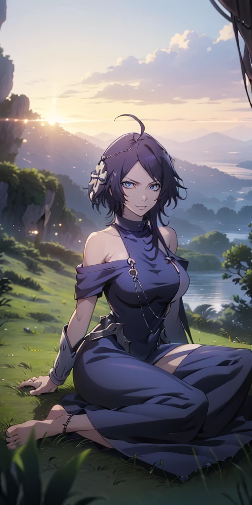 MC, ahoge, (long hari, purple hair:1.3), hair ornament, dark-blue eyes, breasts, epic art, fantasy, 1girl, grass, solo, barefoot, sitting, breasts, mountain, sunset, dress, bare_shoulders, outdoors, looking_at_viewer, off_shoulder, field, sky, lake, collarbone, mountainous_horizon, indian_style, twilight, tree, black_dress, large_breasts, scenery, medium_breasts, feet, off-shoulder_dress, (bokeh:1.3), rock, hollow eyes, bright pupils, dark-blue eyes, looking at viewer. (glowing eyes:1.3), heavy breathing, smirk, upper teeth,
