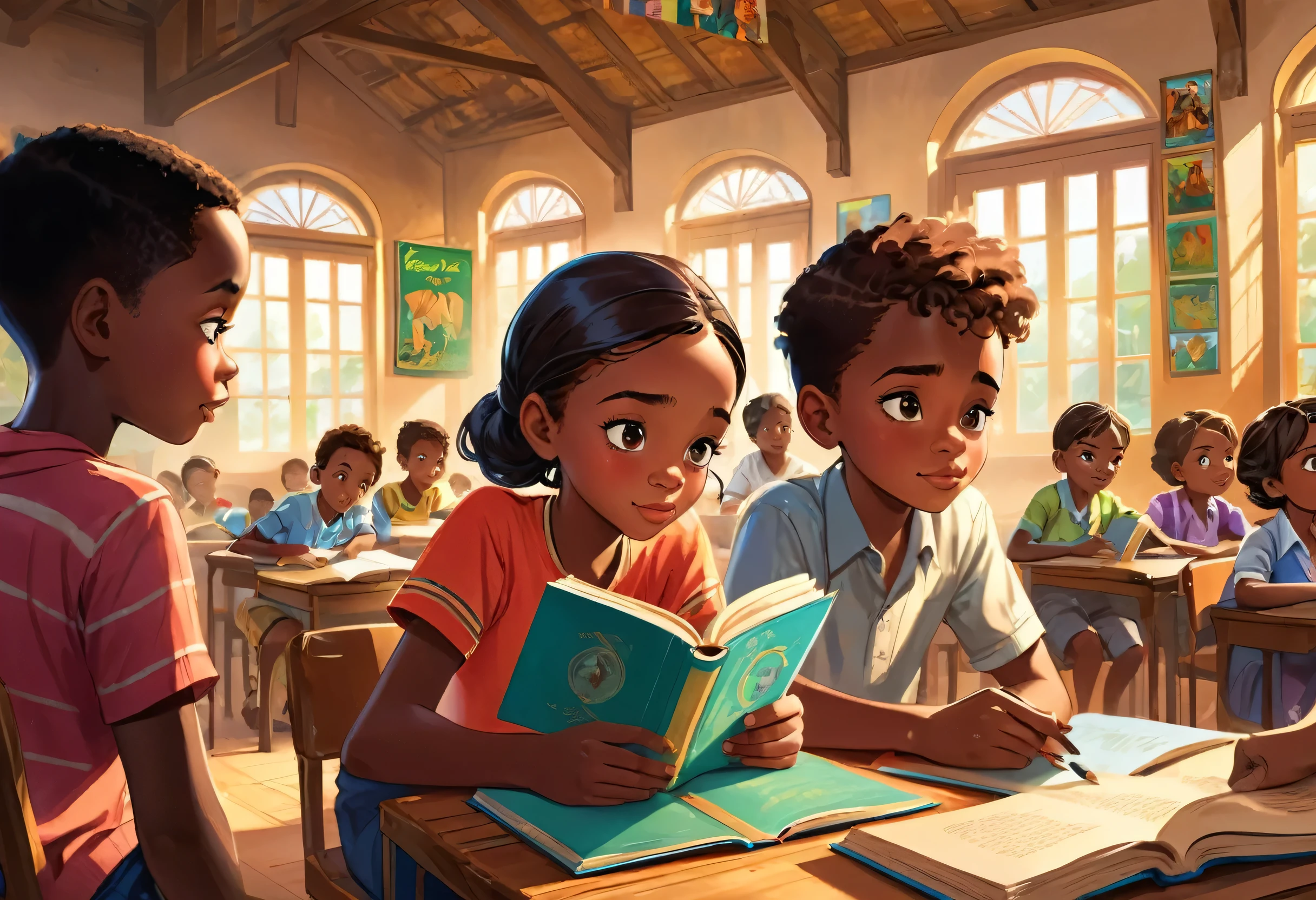 Zwei Jungen und ein Mädchen , (AFRIKANISCH) reading a book in a beautiful Klassenzimmer (Meisterwerk beste Qualität:1.2) zarte Illustration ultra-detailliert,  (Disney-bezogene Veranstaltung) Innenbereich, (Klassenzimmer),  detaillierter Hintergrund, Illustrationen, Hell, bunt, 