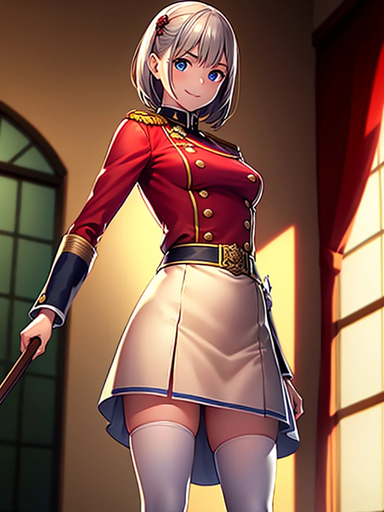 8K High Resolution、(((masterpiece)))、Anime Art、20 year old beauty、Fearless smile、Redhead short cut、167㎝、Small breasts、Blue Eyes、Imposing eyebrows、(((crimson military uniform)))、Vienna in the late 19th century、Austrian Army Officer、Silver rose ornament on chest、Beige skirt、Knee-high socks、A Japanese sword hangs from his waist.