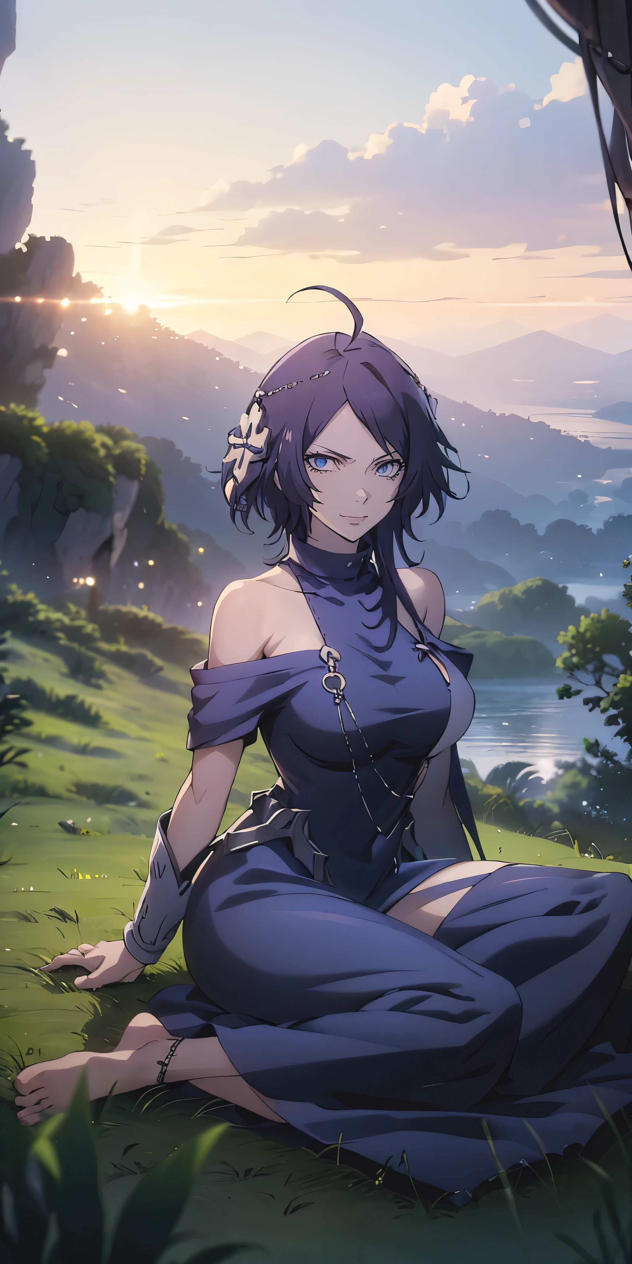 MC, ahoge, (long hari, purple hair:1.3), hair ornament, dark-blue eyes, breasts, epic art, fantasy, 1girl, grass, solo, barefoot, sitting, breasts, mountain, sunset, dress, bare_shoulders, outdoors, looking_at_viewer, off_shoulder, field, sky, lake, collarbone, mountainous_horizon, indian_style, twilight, tree, black_dress, large_breasts, scenery, medium_breasts, feet, off-shoulder_dress, (bokeh:1.3), rock, hollow eyes, bright pupils, dark-blue eyes, looking at viewer. (glowing eyes:1.3), heavy breathing, smirk, upper teeth,
