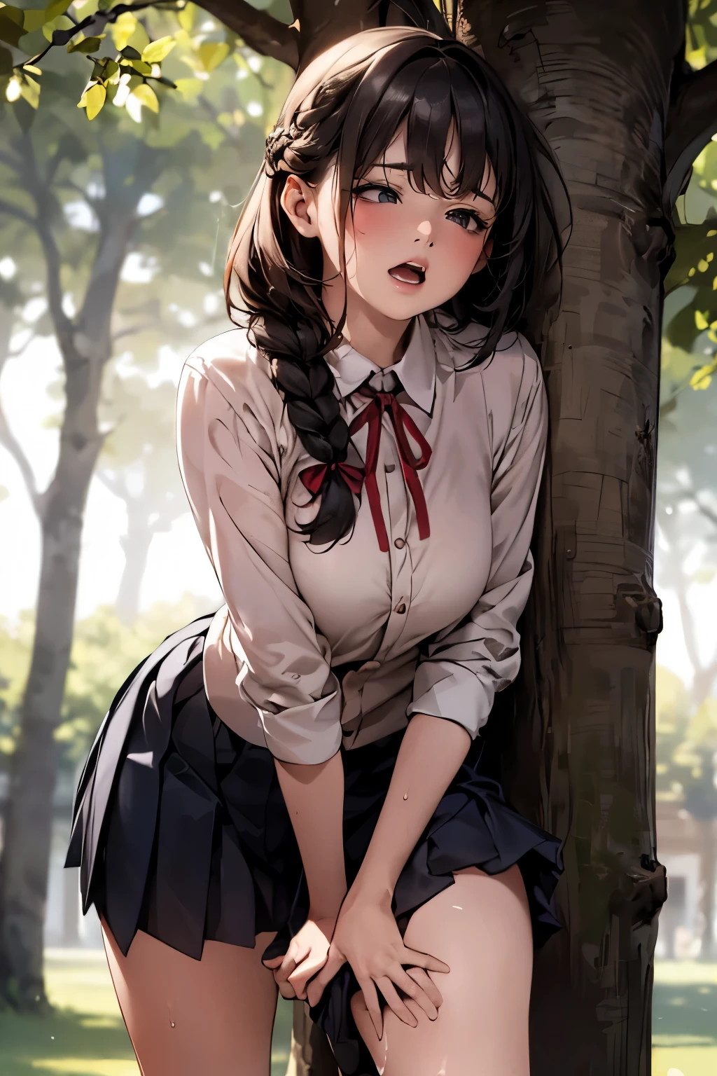 (round face), eyes with realistic sizing, drooping eyes, blush, sweat, shame, pleated skirt, ribbon, (ecstasy face, lewd girl), (standing and straddling to hit her crotch against the tree branch, masturbating with complete concentration), braid, in nature,