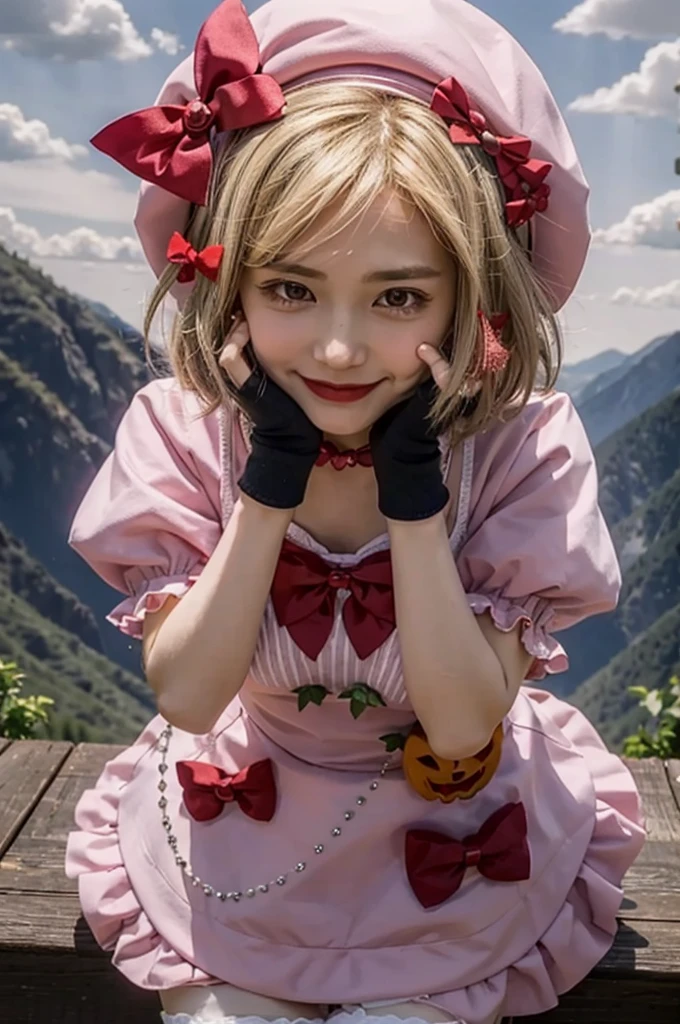 (masterpiece),(best quality), lambdadelta ,dress, striped stockings, red bow, pink hat, necklace, gloves, pearl, pumpkin brooch, crazy face, upper body, persistent stare, mountains, forest, looking at the viewer, red sky, yandere trance, yandere, hands on own face,hands on own cheeks, blank eyes, blush, large smile, (yandere smile)