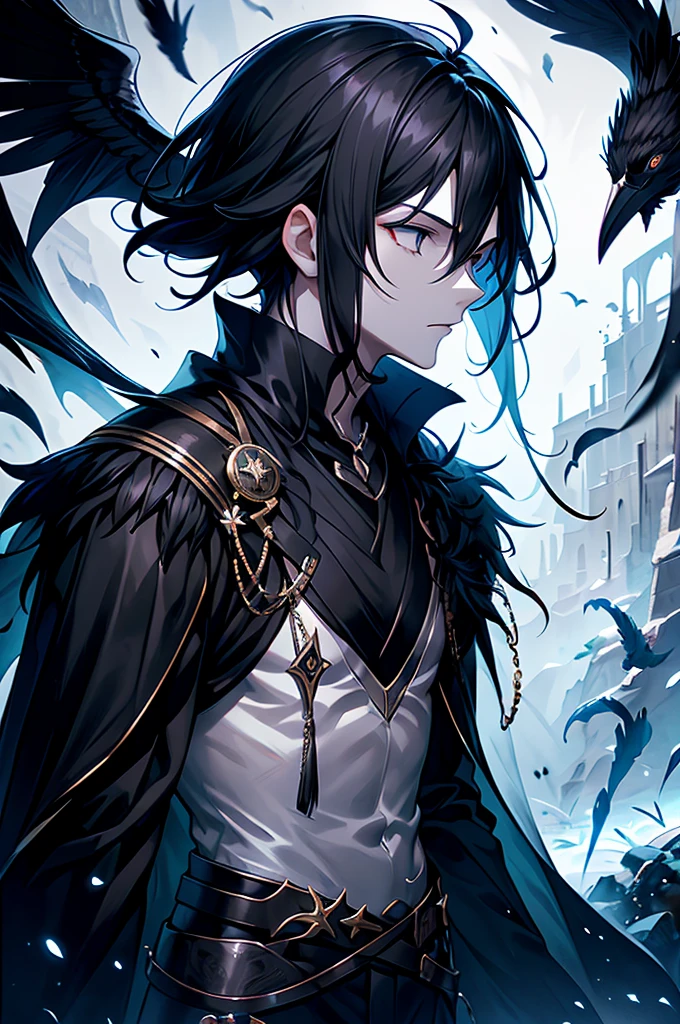 1 boy, black hair, black eyes, black feather jacket, crow, fantasy, side view, hand Forward, handsome, white skin, dark fantasy, dark forest