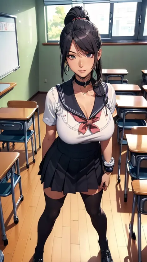 (((highest quality, High resolution, , Pixel Perfect, 4K))),((Correct Anatomy))、((Sailor suit))、(((School classroom))), ((highes...