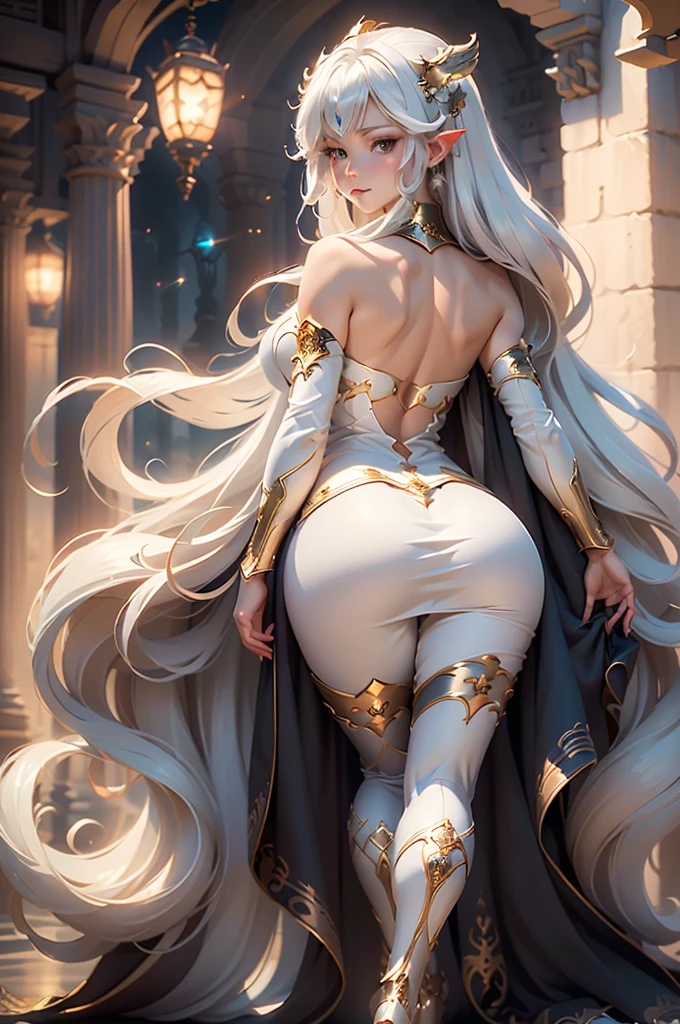 (masterpiece:1.4, highest quality, Dutch Angle)(One girl, alone)(Medium chest, White Hair、Super Long Hair)(smile, Floating Hair)(universe、milky way,FanRu)、(from behind:1.5, Look back here、Beautiful ass、Beautiful shoulder blade), Over-the-knee boots, Long tights, Slit long skirt