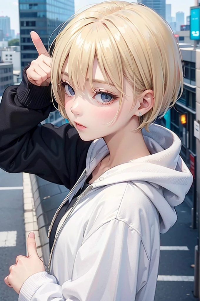 profile, blonde、short hair、girl 1、close up of face、city、composition from above、fashion、blonde hair、Short Mash Hair、、wearing a plain white hoodie、wearing black sneakers、turquoise eyes、black shortaking a thumbs up gesture,That&#39;s a nice tooth,Expressive eyes,,Dramatic shading and highlights,Ultra-fine strokes,Professional portrait,Perfect lighting, Thumbs up、thumbs up,Camera from the front