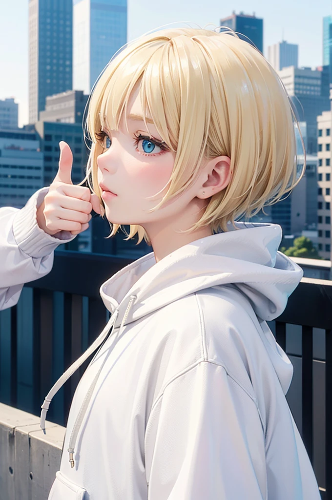 profile, blonde、short hair、girl 1、close up of face、city、composition from above、fashion、blonde hair、Short Mash Hair、、wearing a plain white hoodie、wearing black sneakers、turquoise eyes、black shortaking a thumbs up gesture,That&#39;s a nice tooth,Expressive eyes,,Dramatic shading and highlights,Ultra-fine strokes,Professional portrait,Perfect lighting, Thumbs up、thumbs up,Camera from the front