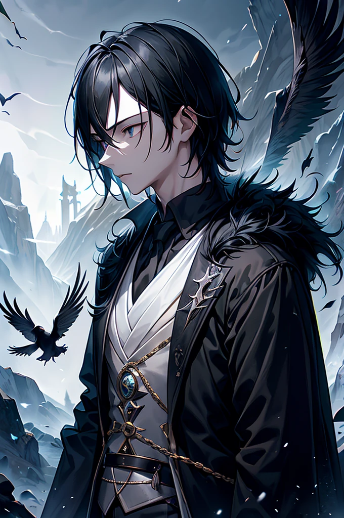 1 boy, black hair, black eyes, black feather jacket, crow, fantasy, side view, hand Forward, handsome, white skin, dark fantasy, dark forest, norse mythology, forest, short hair, teen