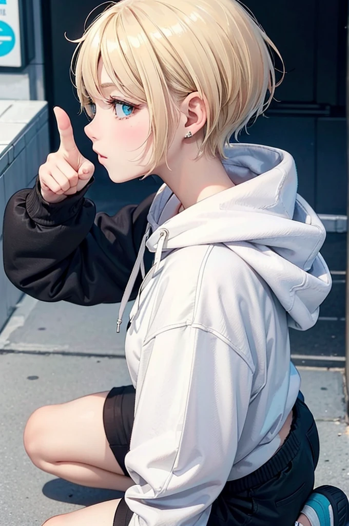 profile, blonde、short hair、girl 1、close up of face、city、composition from above、fashion、blonde hair、Short Mash Hair、、wearing a plain white hoodie、wearing black sneakers、turquoise eyes、black shorts、Making a thumbs up gesture,That&#39;s a nice tooth,Expressive eyes,,Dramatic shading and highlights,Ultra-fine strokes,Professional portrait,Perfect lighting, Thumbs up、thumbs up,Camera from the front