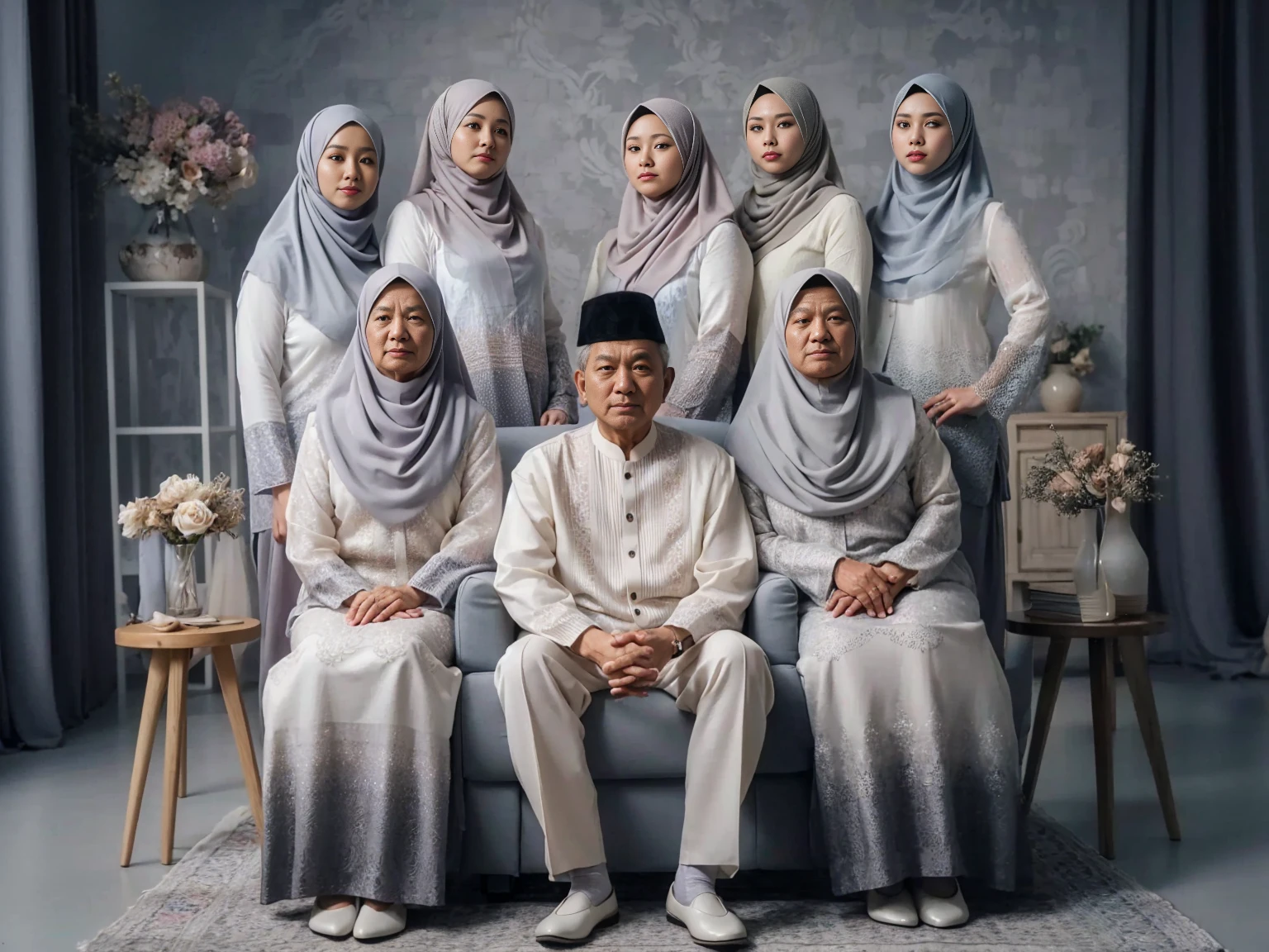 retrato interior, de cerca, indonesios, 8 members, un hombre de 60 años con gorra y una mujer ligeramente obesa de 60 años se sienta en un sillón reclinable, de pie detrás de ellos hay 6 mujeres cada una de 36 años, 34, 30, 27, 24, 16, todos visten trajes tradicionales de color blanco degradado gris kurung melayu y vestidos de kurung melayu gamis con una larga y dócil pashmina hijab, sets en estudio con pared de flores grises, jarrones de flores, side tables, Colores frescos, buena iluminación fotografía, 8K, HD