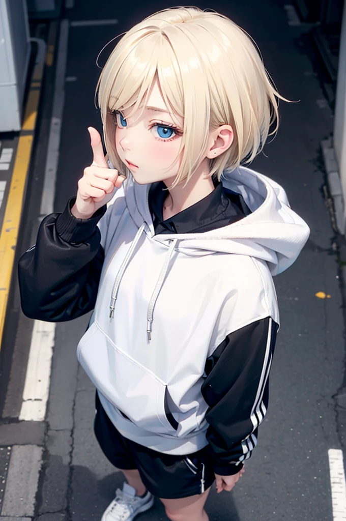 profile, blonde、short hair、girl 1、close up of face、city、composition from above、fashion、blonde hair、Short Mash Hair、、wearing a plain white hoodie、wearing black sneakers、turquoise eyes、black shorts、Making a thumbs up gesture,That&#39;s a nice tooth,Expressive eyes,,Dramatic shading and highlights,Ultra-fine strokes,Professional portrait,Perfect lighting, Thumbs up、thumbs up,Camera from the front