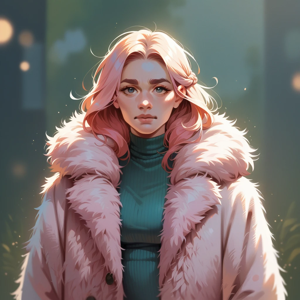 
shaggy bearded woman hairy all over, blond hair, pink fur coat