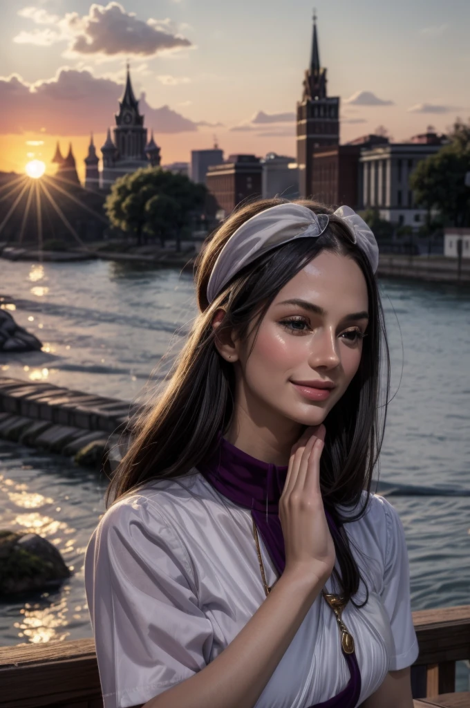 masterpiece, best quality, extremely detailed, hyperrealistic:1.1, photorealistic, a beautiful 20s russian model, ultra detailed face:1.1, sunglasses on head:1.1, light purple mock neck t-shirt, black hair, x-arms:1.3, eye closed:1.3, city, river, in the sunset, warm smile:1.1
