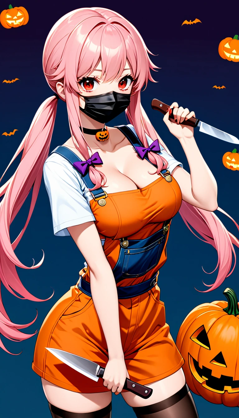 1girl, solo, red_eyes, pink_hair, holding, mouth_mask, breasts, blood, holding_vegetable, long_hair, mask, shirt, looking_at_viewer, pumpkin, knife, jack-o'-lantern, overalls, holding_knife, halloween, short_sleeves, hair_bow, bow, cowboy_shot, blood_on_face, choker, twintails, cleavage, thighhighs, vegetable, large_breasts, black_thighhighs, sidelocks