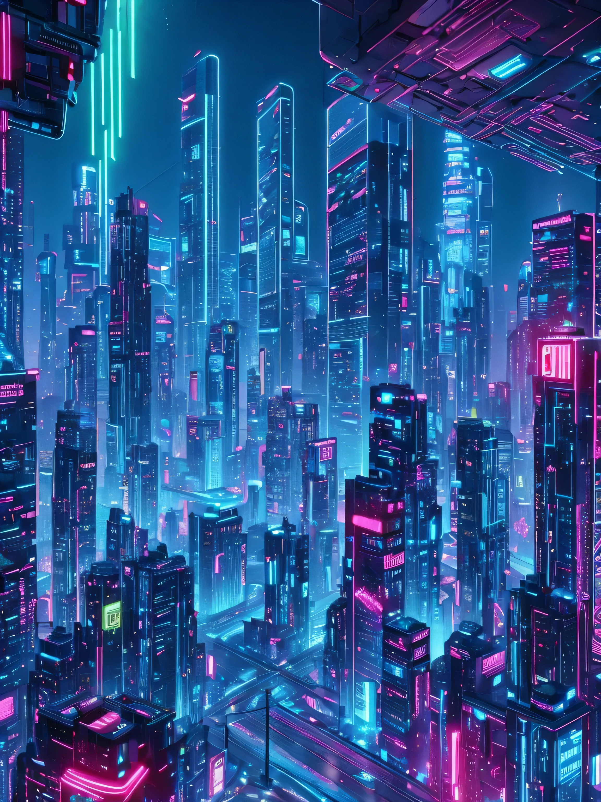 Paysage urbain cyberpunk hyper réaliste，gratte-ciel futuristes，Néon clignotant，Panneau coloré clignotant, Une voiture volante dans le style du film 2047 fonce dans le ciel，Les rues sont pleines de véhicules，Un mélange de ruelles sombres et de devantures de magasins bien éclairées，L&#39;arrière-plan est un immense bâtiment dominant le ciel，Planète avec des anneaux qui se profilent dans le ciel，La ville regorge d&#39;esthétique cyberpunk et d&#39;atmosphère rétro-futuriste，couleurs vives,Détails ultra-fins，Éclairage de niveau et rendu des ombres，Perspective aérienne