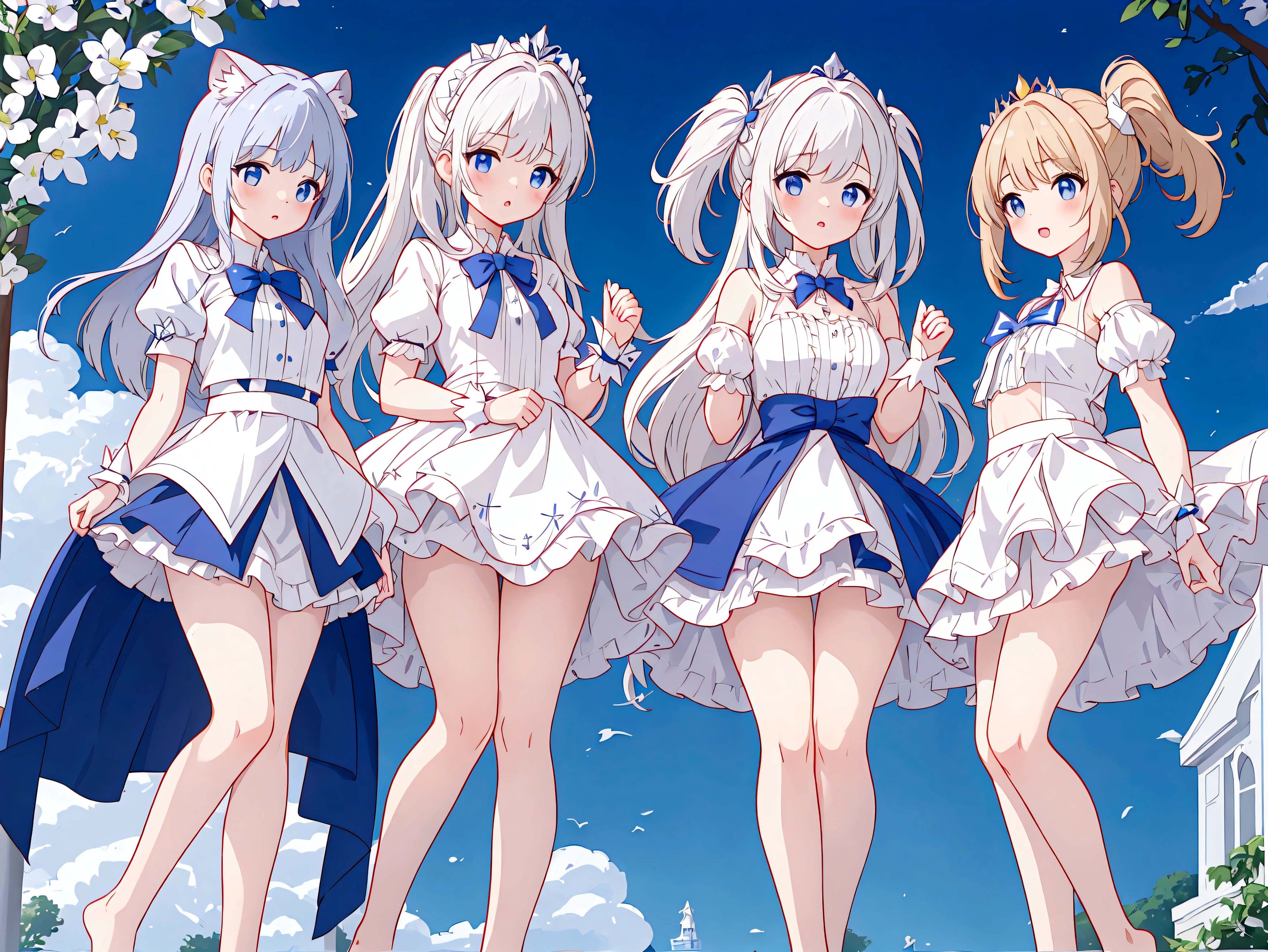 Plain white with emphasis on the chestＴshirt、You can see the chest from the neck、Ultramarine and white striped mini skirt、When you lift up her skirt you can see her cute white frilly underwear.、barefoot、library、Three girls of different heights Magical girl with magic wand、Wind and water magic